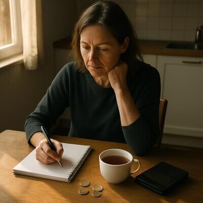 Una persona riflette con calma sul significato di un sogno legato al denaro, con atmosfera luminosa e rassicurante.