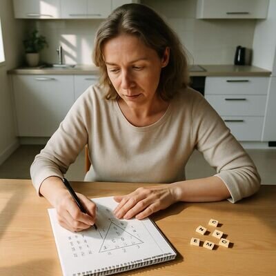 Una persona annota vocali e somme numerologiche su un quaderno con un atteggiamento concentrato e sereno.