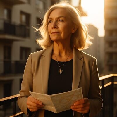 Una persona matura prepara un piccolo viaggio con una mappa e un simbolo del Sole, evocando la rilocazione della rivoluzione solare.