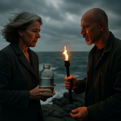 Due persone dialogano in un contesto naturale con simboli di Fuoco e Acqua, suggerendo attrazione e tensione costruttiva.