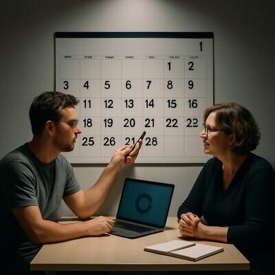 Due persone discutono obiettivi e tempi davanti a un calendario, con riferimenti astrologici discreti.