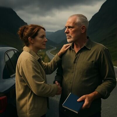 Due persone accanto a un&rsquo;auto, gesto di supporto e orientamento dopo un momento difficile.