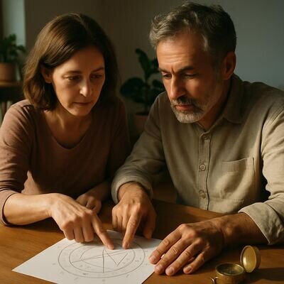 Due persone osservano una carta astrologica su un tavolo luminoso, in un clima di ascolto e chiarezza.