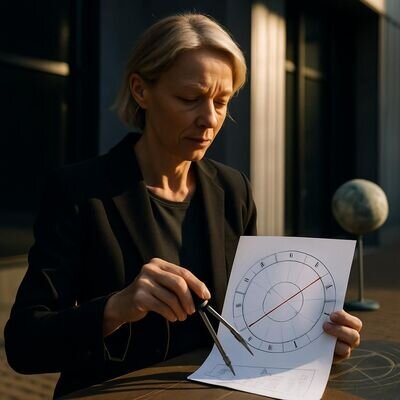 Una persona osserva un grafico astrologico su un tavolo luminoso, atmosfera concentrata e concreta.