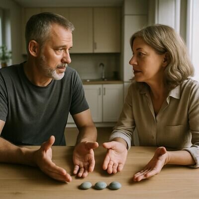 Due persone parlano con calma, suggerendo collaborazione e confini chiari nelle relazioni.