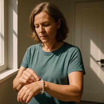 Persona adulta che osserva un bracciale di cristalli al polso mentre si prepara per uscire, atmosfera luminosa e concreta.