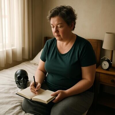 Una persona annota un incubo su un quaderno vicino al letto in una luce del mattino calma.