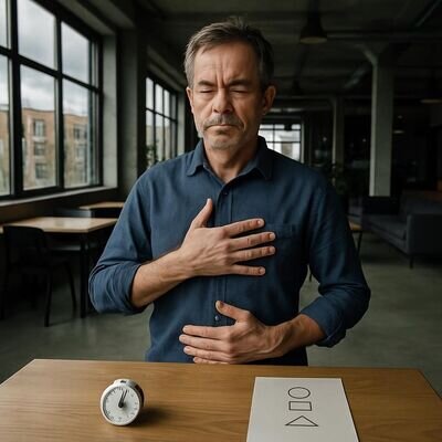 Un uomo pratica una breve pausa di respirazione prima di affrontare un compito, con un timer e un foglio di lavoro a portata di mano.