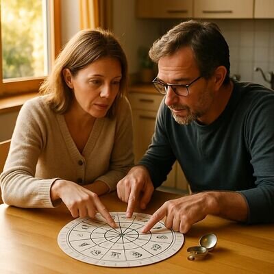 Due persone confrontano una carta zodiacale e discutono differenze nello stesso segno.