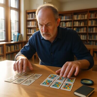 Una persona confronta due mazzi diversi, Sibille e Tarocchi, in una biblioteca luminosa.