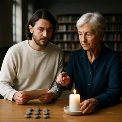 Due persone adulte in un ambiente luminoso mentre compiono un gesto simbolico di chiusura con una candela.