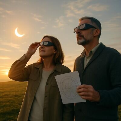 Due persone all&rsquo;aperto guardano il cielo con un atteggiamento sereno, simbolo di consapevolezza durante un passaggio astrologico.