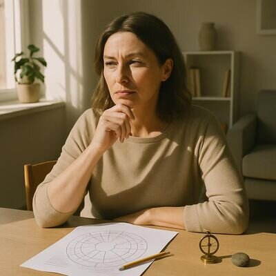 Una persona riflette guardando un tema astrologico aperto, atmosfera luminosa e concreta.