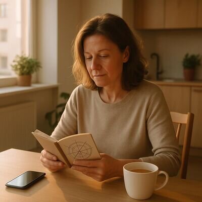 Una persona legge l&rsquo;oroscopo come spunto riflessivo, in un ambiente luminoso e quotidiano.