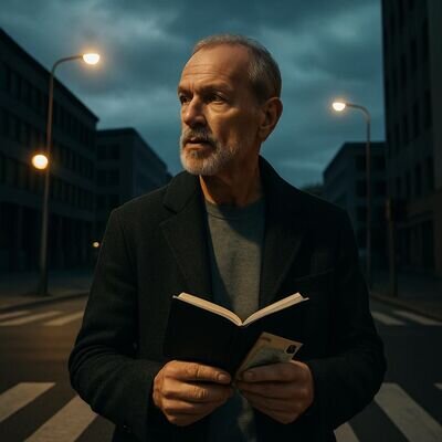 Una scena urbana con una persona che osserva una strada come a un bivio, con un simbolo discreto di denaro come metafora di decisione.