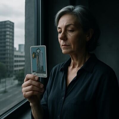 Una persona osserva una carta dei tarocchi e riflette guardando la citt&agrave; fuori dalla finestra.