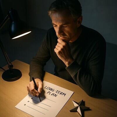 Una persona al lavoro su un&rsquo;idea creativa con un simbolo di stella come guida.