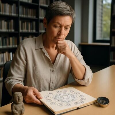 Persona che consulta un calendario simbolico ispirato al Tzolkin in un ambiente luminoso.