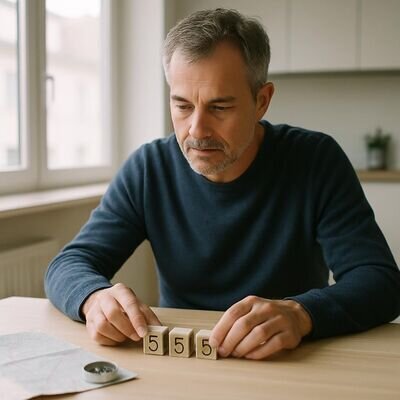 Un uomo valuta opzioni con calma in un ambiente interno pulito, simboli di percorso e cambiamento.
