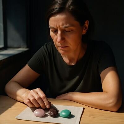 Una persona osserva diverse pietre alla luce naturale, concentrata e calma.