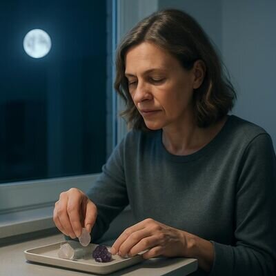 Una persona sistema con calma alcuni cristalli su un vassoio alla luce lunare, in un ambiente domestico ordinato.