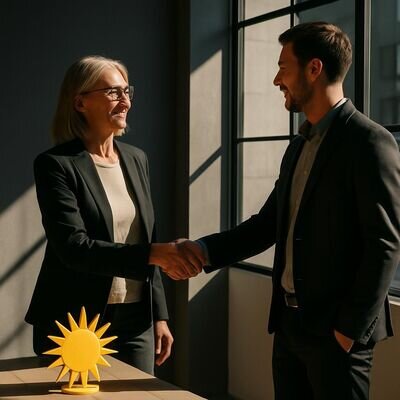 Una persona riceve una stretta di mano in un ambiente di lavoro luminoso, simbolo di risultati concreti.