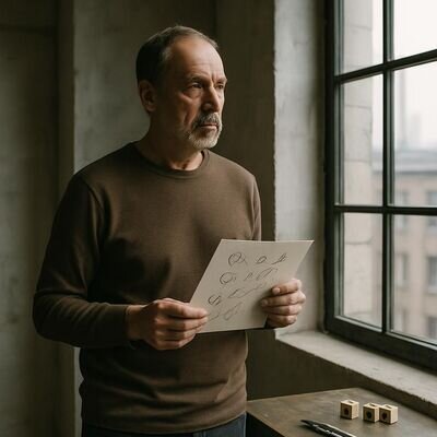 Un uomo osserva una carta con numeri e vocali evidenziate, come in una sessione di auto-riflessione.