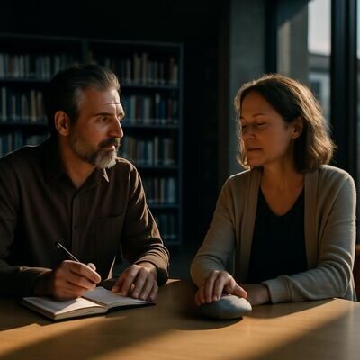 Due persone adulte si confrontano in modo sereno, con un taccuino e un simbolo spirituale discreto sul tavolo.