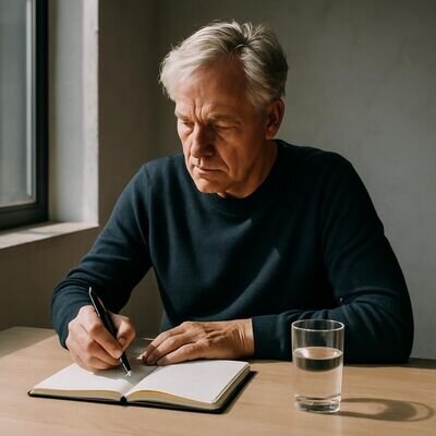 Una persona scrive su un quaderno vicino a una finestra, con un bicchiere d&rsquo;acqua come simbolo di chiarezza emotiva.