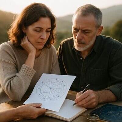 Una coppia osserva una carta astrologica su un tavolo, atmosfera calma e curiosa.