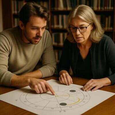 Un consulente e una cliente osservano una carta astrologica, simbolo di interpretazione personalizzata delle eclissi.