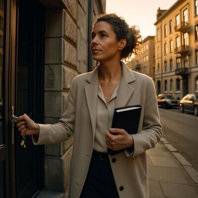 Persona esce di casa con energia tranquilla, simbolo in tasca e agenda in mano: dal rito al passo concreto.