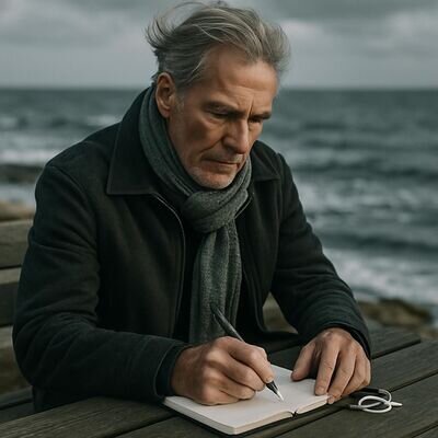 Una persona intorno ai 60 anni osserva il mare con un taccuino, atmosfera di scelta e semplificazione.