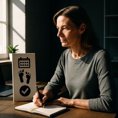 Una persona prende appunti mentre immagina i passaggi concreti di un obiettivo, con un&rsquo;espressione concentrata e realistica.