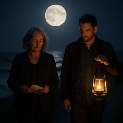 Due persone adulte camminano in natura al chiaro di luna, atmosfera serena e di chiusura di un ciclo.