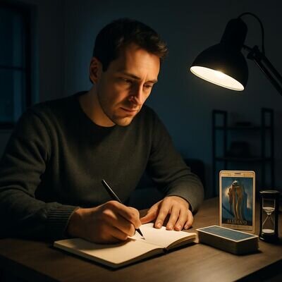 Una persona annota impressioni sui tarocchi in un quaderno, creando una routine di pratica.