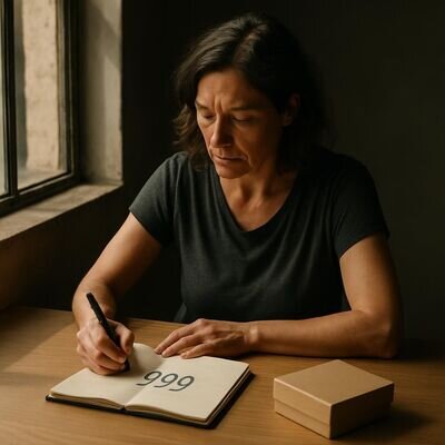 Persona adulta che osserva un quaderno aperto, in un momento di riflessione serena sulla fine di un ciclo.