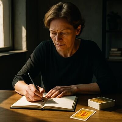 Una persona annota sul diario la carta del giorno in un ambiente luminoso e ordinato.