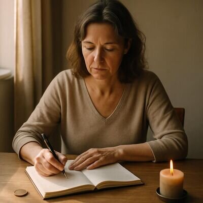Una persona prepara uno spazio semplice con quaderno e simboli di stabilit&agrave; per iniziare il rituale.