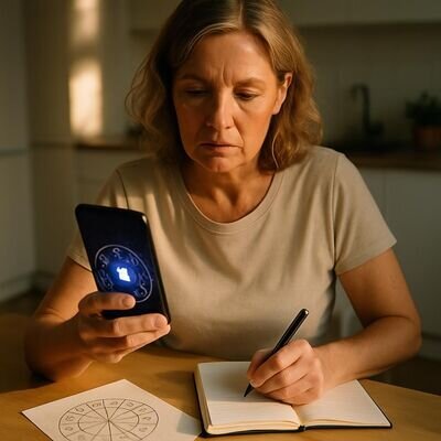 Persona adulta che legge l&rsquo;oroscopo con atteggiamento calmo e riflessivo, senza ansia.