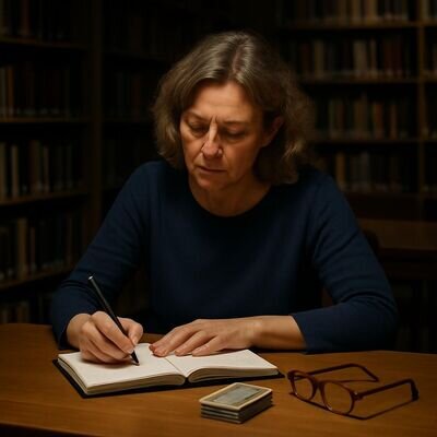 Una persona riflette in silenzio prima di una conversazione importante, con simboli semplici di consapevolezza.