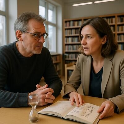 Due persone in dialogo sereno in un ambiente luminoso, con un dettaglio numerologico discreto sullo sfondo.