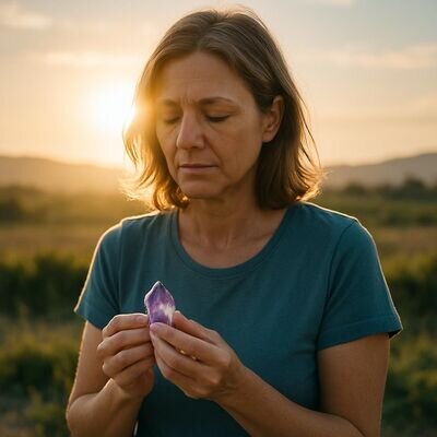 Una persona adulta tiene un cristallo di ametista in un momento di pausa consapevole in casa.