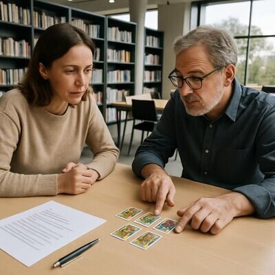 Due persone in un ambiente professionale discutono e consultano carte come strumento di orientamento.