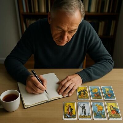 Vista dall&rsquo;alto di un tavolo con taccuino, penna e carte; una persona annota criteri e riflessioni prima di un consulto.