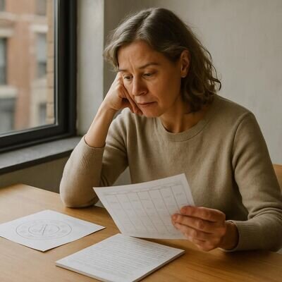 Una persona adulta osserva appunti e un piccolo calendario, fermandosi a ragionare prima di attribuire tutto alla fortuna.