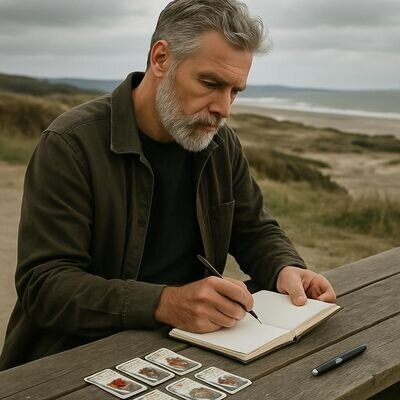 Un uomo prende appunti su un quaderno accanto a una stesa Lenormand, in luce naturale.