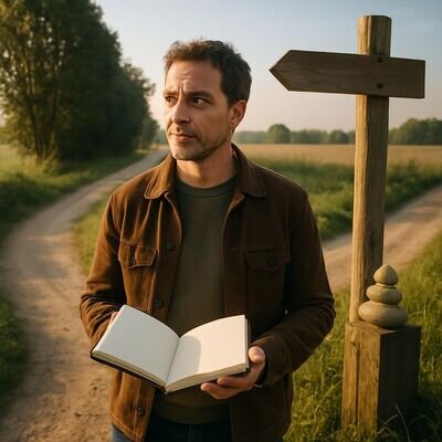 Una persona adulta davanti a due strade, con un taccuino in mano, in un momento di decisione consapevole.