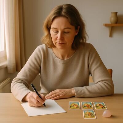 Una persona riflette prima di porre una domanda ai tarocchi, atmosfera calma e luminosa.