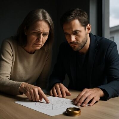 Due persone in un ambiente luminoso consultano una mappa astrologica con atteggiamento concreto e collaborativo.